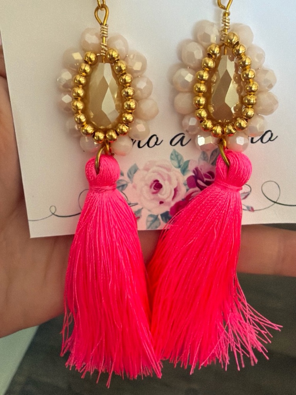Hot Pink Tassel Statement Earrings with Gold Accents